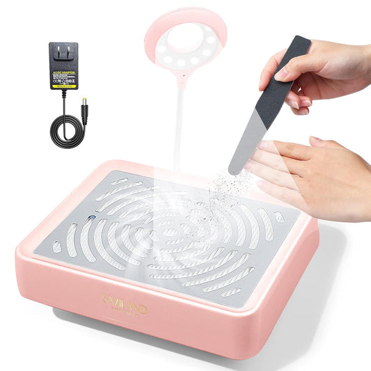 Saviland Nail Dust Collector with Lamp – Powerful Nail Vacuum Fan 40W Dust Collector Extractor Electric Dust Suction Machine with Reusable Filter for Acrylic Gel Nails Polishing, Low Noise, Pink